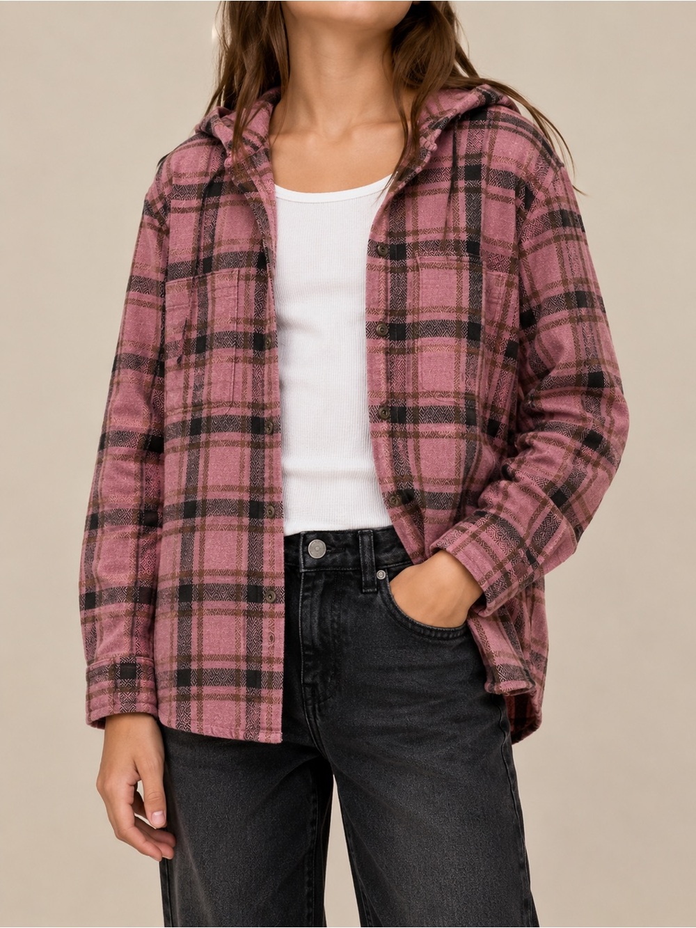 Zara Pink and Black Plaid Hooded Shirt, women’s 13-14
